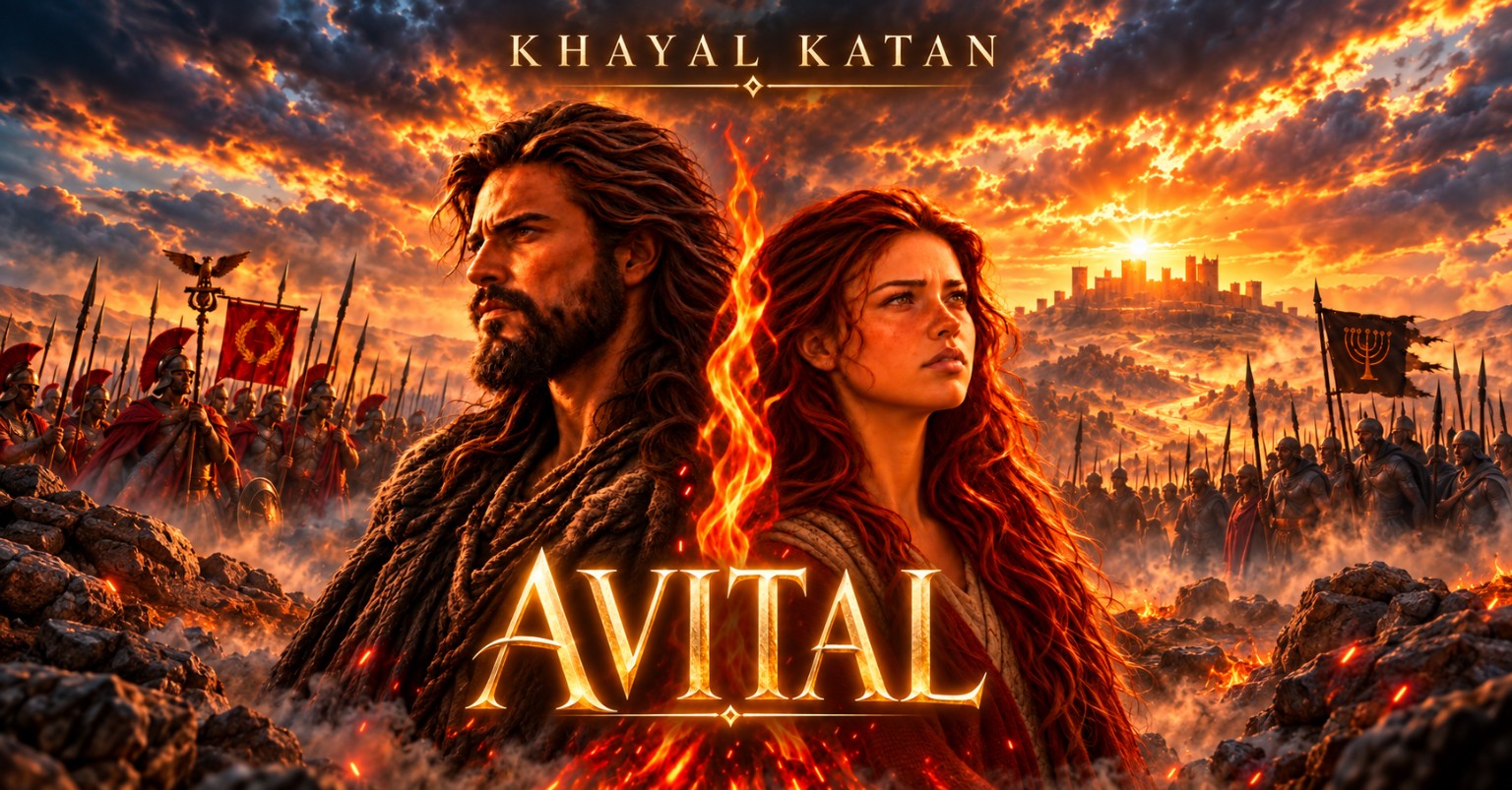AVITAL by Khayal Katan: dramatic illustrated cover with the two main characters against ancient Jerusalem